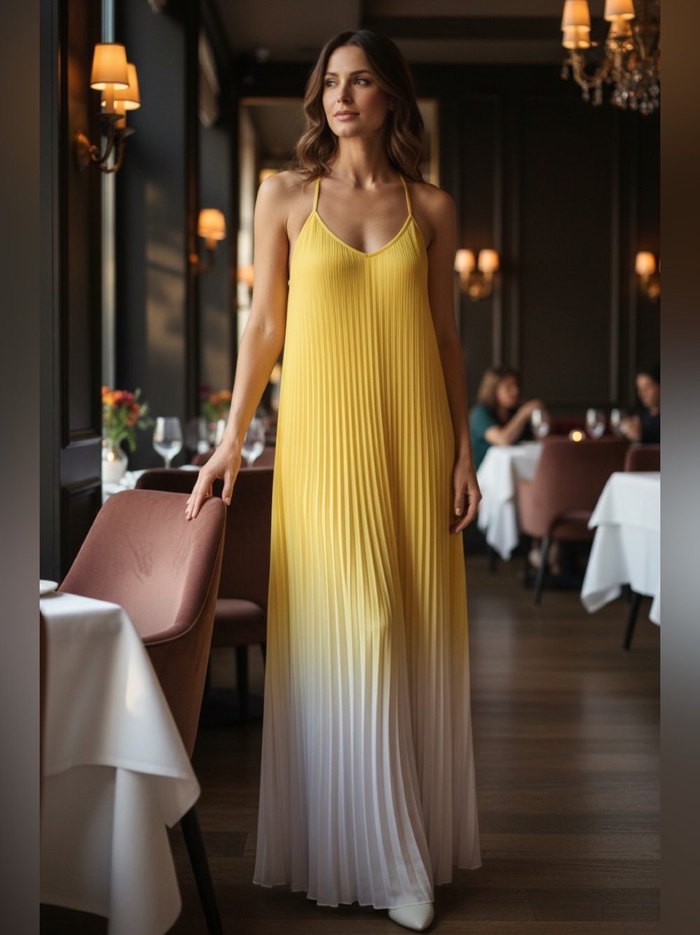 Barr III Adjustable Spaghetti Strap Yellow Pleated Ombré Maxi Dress XXS